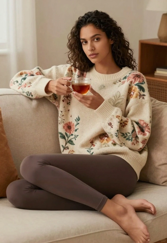 25 Floral-Inspired Cute Spring Outfits That Are Pure Aesthetic Goals! - 22. Floral Print Over-sized Sweater with Leggings 1