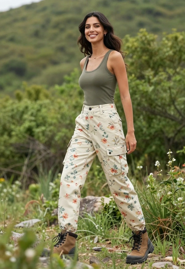 25 Floral-Inspired Cute Spring Outfits That Are Pure Aesthetic Goals! - 23. Floral Print Cargo Pants with a Fitted Tank 1