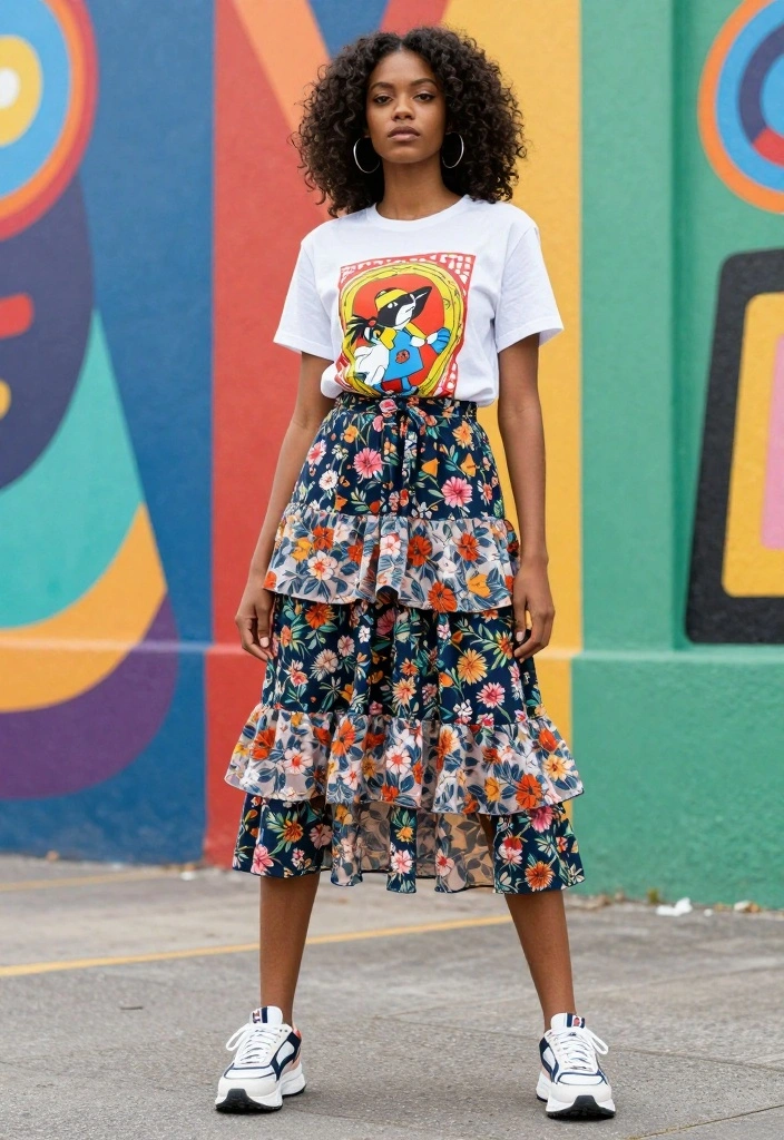 25 Floral-Inspired Cute Spring Outfits That Are Pure Aesthetic Goals! - 8. Layered Floral Skirt with a Graphic Tee 1