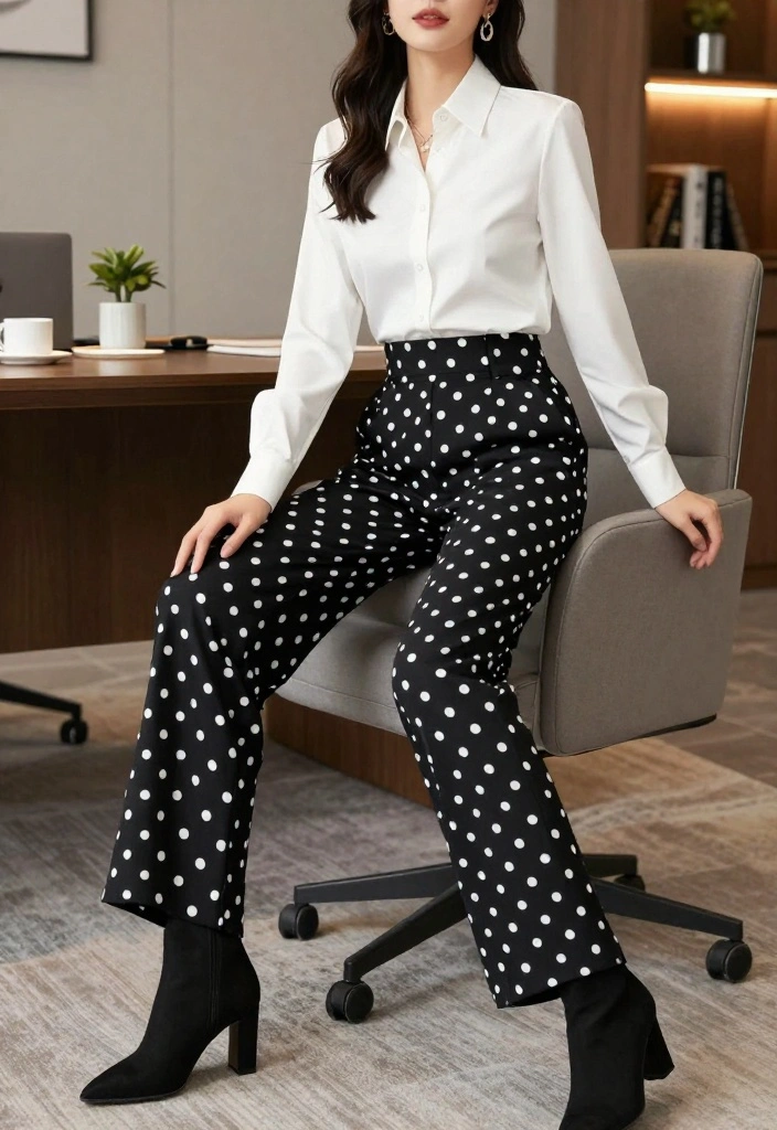 25 Office Winter Outfit Ideas That Will Make You Want to Get Dressed Up Every Day (You’ll Adore #6!) - 18. Printed Wide-Leg Trousers 1