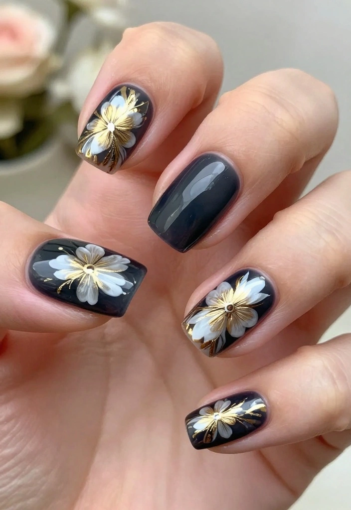 30 Chic New Years Eve Nails That Will Elevate Your Holiday Look! - 6. Festive Floral Accents 1
