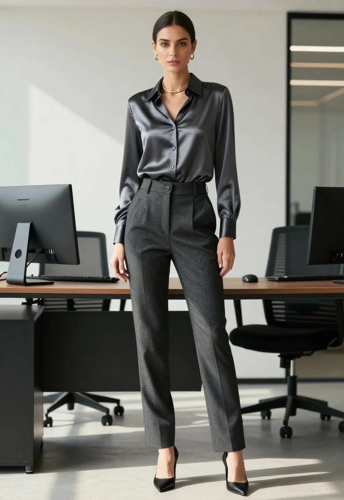 30 Versatile Professional Outfit Ideas for Women That Transition from Desk to Dinner! - 3. Tailored Trousers with a Silk Blouse 1