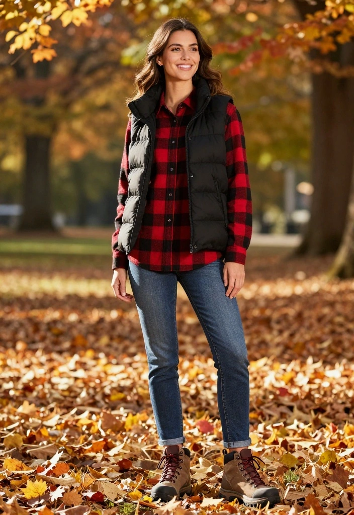 Fall in Love with These 13 Layering Outfit Ideas for Effortless Autumn Style! - 5. Flannel Shirt + Puffer Vest 1