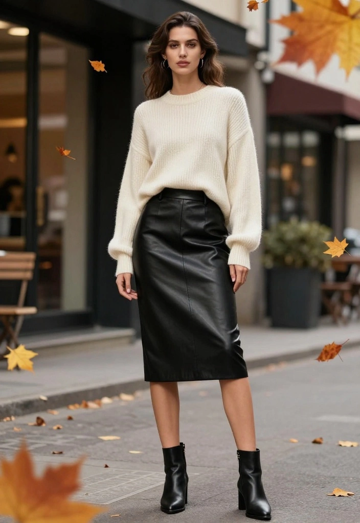 Fall in Love with These 13 Layering Outfit Ideas for Effortless Autumn Style! - 6. Chunky Knit Sweater + Leather Skirt 1