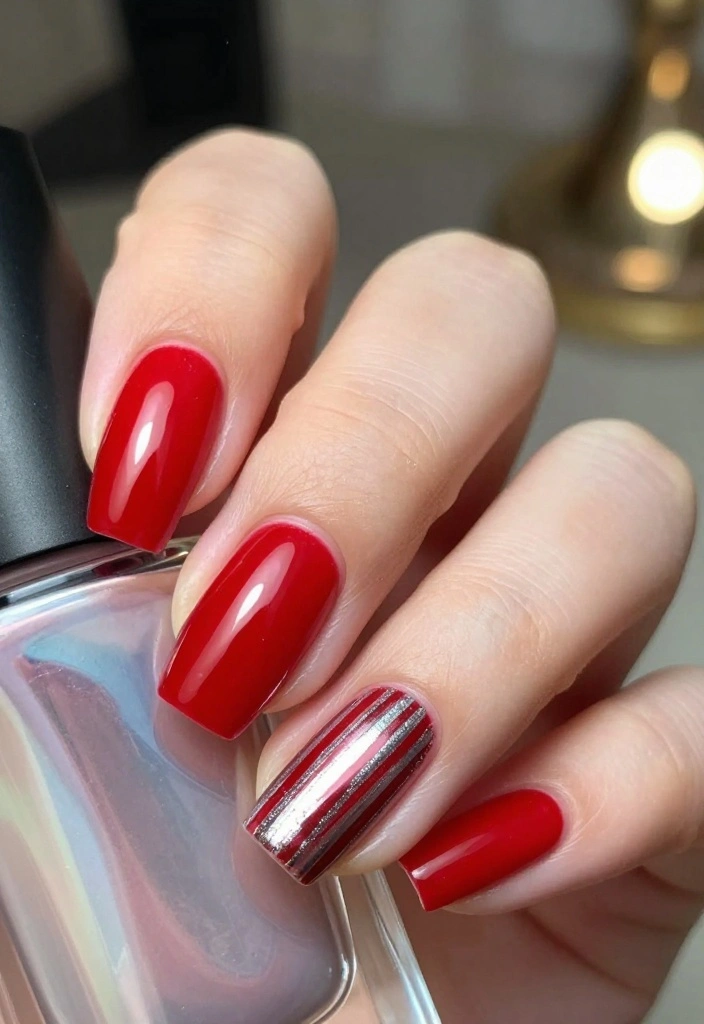 10 Festive Red Nails Ideas That Will Make You the Star of Any Holiday Party! (Don't Miss #5!) - 4. Red with Metallic Silver Stripes 1