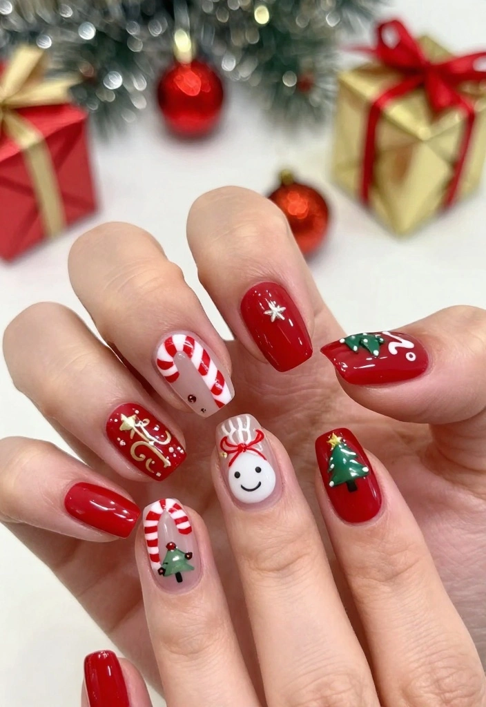 10 Festive Red Nails Ideas That Will Make You the Star of Any Holiday Party! (Don't Miss #5!) - 5. Festive Red with Holiday Themed Nail Art 1