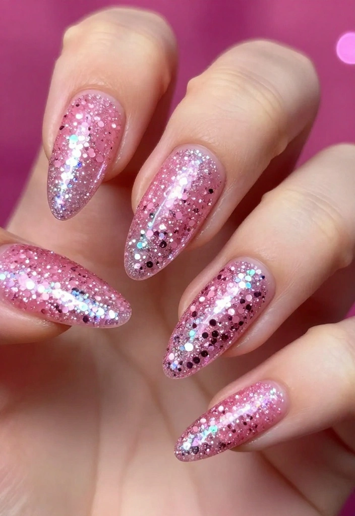 11 Creative Pink Stiletto Nails You Need to See to Believe (Especially #4!) - 3. Glitter Glam 1