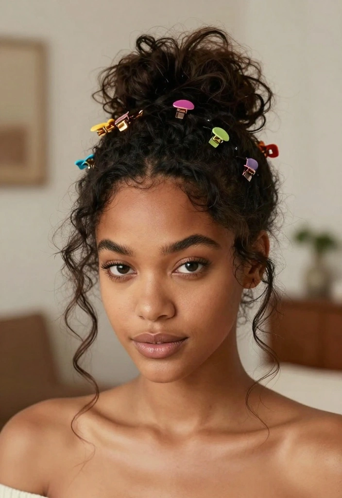 15 Versatile Hairstyles with Clips That Will Make Heads Turn (Don't Miss #9!) - 6. Messy Bun with Colorful Clips 1