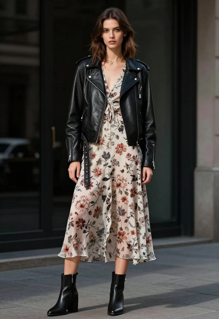 19 Irresistible Valentine Clothes That Will Make Your Date Say 'WOW!' - 7. Edgy Leather Jacket Over a Feminine Dress 1