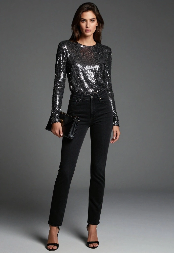 19 Irresistible Valentine Clothes That Will Make Your Date Say 'WOW!' - 8. Sparkly Top and Classic Black Jeans 1
