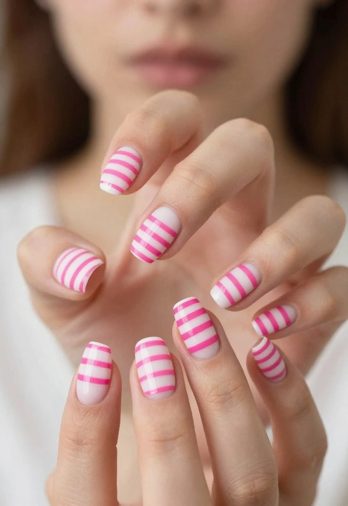 24 Trendy Pink Nail Art Ideas for Valentine’s Day That Will Make Everyone Envy You! - 20. Pink Sailor Stripes 1