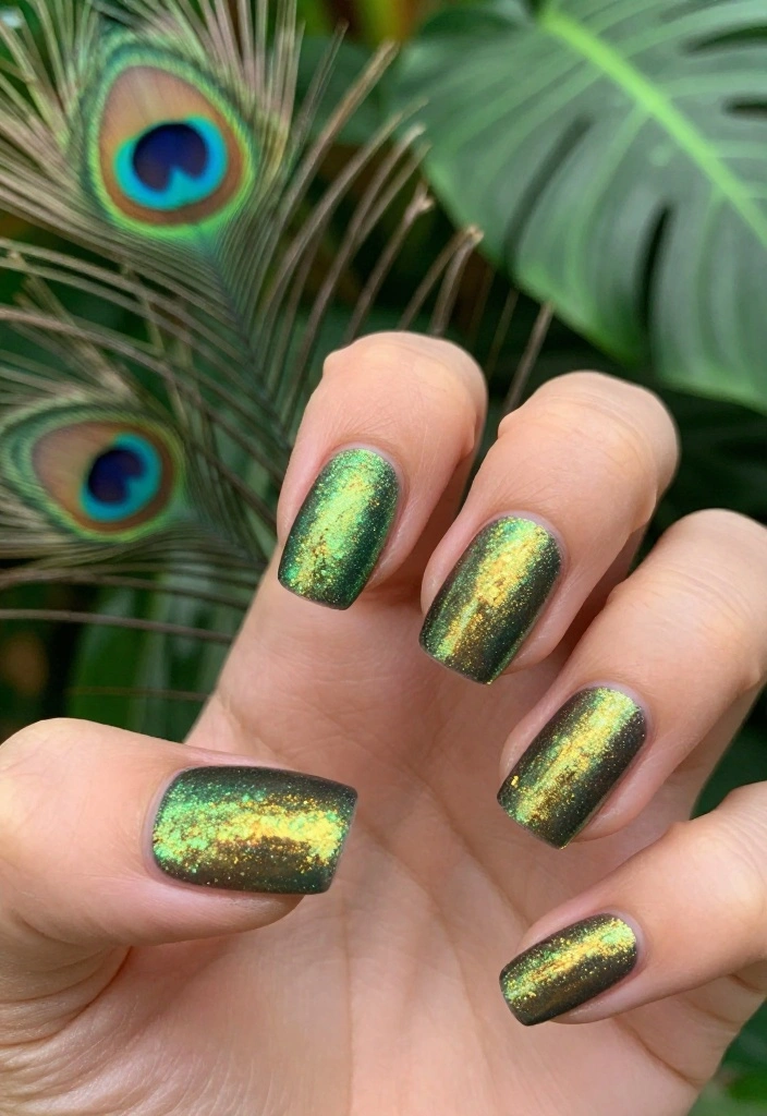 25 Trendy New Years Eve Nails That'll Inspire Your Holiday Look! - 17. Shimmering Peacock Feathers 1