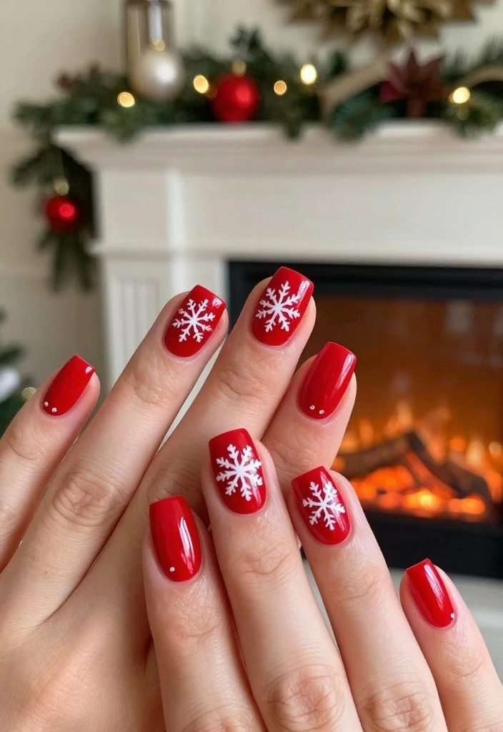 25 Trendy New Years Eve Nails That'll Inspire Your Holiday Look! - 3. Festive Red with Snowflakes 1