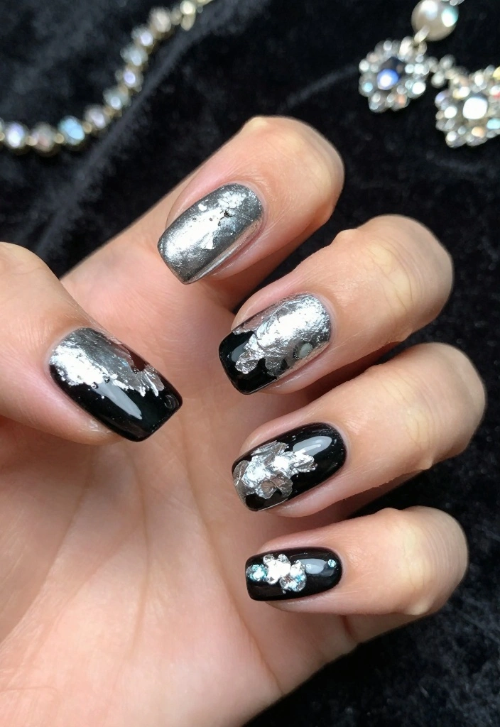 25 Trendy New Years Eve Nails That'll Inspire Your Holiday Look! - 5. Silver and Black Foil 1